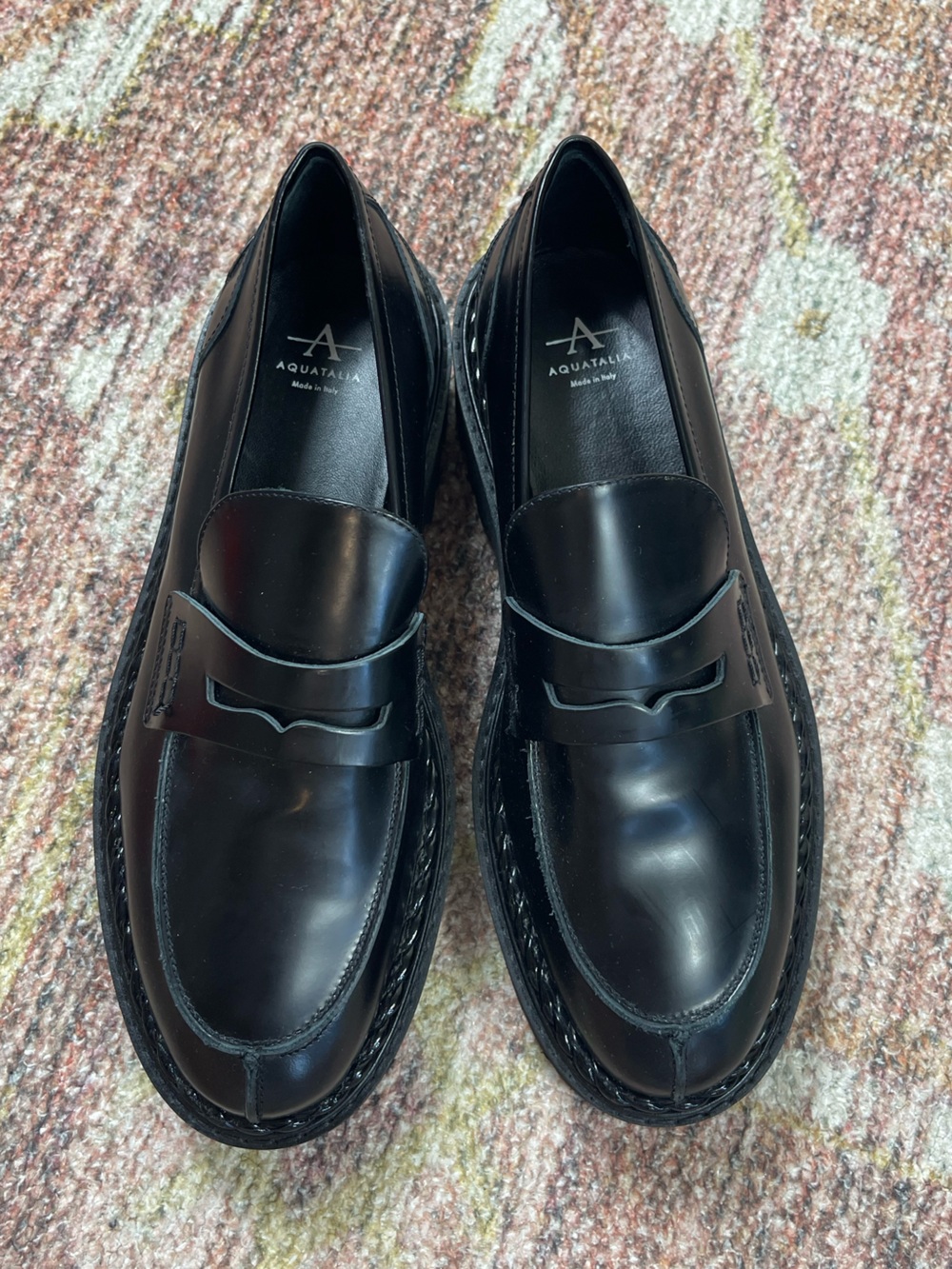 Aquatalia Marta Patent Leather Lug Sole Loafers Black Size 9